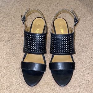 Anthropologie Nina Payne black leather strappy heels wooden block cutout